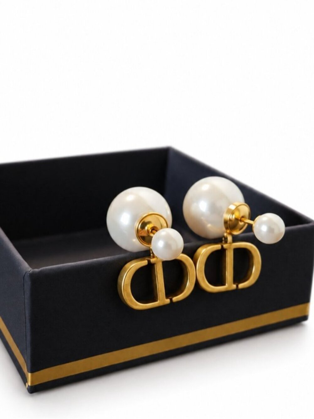 CD Logo White Faux Pearl Gold Double Loop Stud Earrings 0930